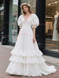 Cotton Ruffles Lace A Line White V Neck Wedding Dress