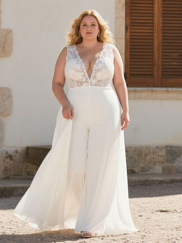 V Neck Plus Size Chiffon Lace Wedding Jumpsuit