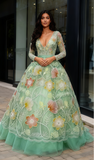 V Neck Floral Beading Green Long Sleeve Prom Dress