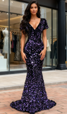 Trumpet Mermaid Sequin Purple Short Sleeve Prom Dress