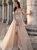 Off The Shoulder Tulle Appliques Champagne Wedding Dress With Slit