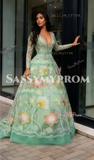 V Neck Floral Beading Green Long Sleeve Prom Dress