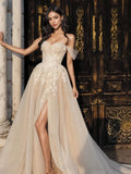 Off The Shoulder Tulle Appliques Champagne Wedding Dress With Slit