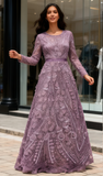 Scoop Long Sleeve Purple Lace Beading Prom Dress