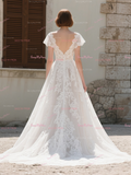 Lace A Line V Neck Cap Sleeve Wedding Dress