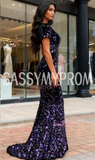 Trumpet Mermaid Sequin Purple Short Sleeve Prom Dress
