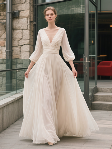 Chiffon V Neck A Line Long Sleeve Wedding Dress With Sash