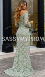 Long Sleeves Crystal Sheath Column Green Prom Dress With Slit
