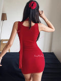 Sheer Panels Rose Red Bodycon Dress