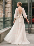 Chiffon V Neck A Line Long Sleeve Wedding Dress With Sash