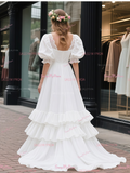 Cotton Ruffles Lace A Line White V Neck Wedding Dress