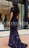 Trumpet Mermaid Sequin Purple Short Sleeve Prom Dress