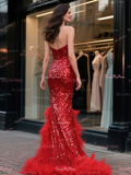 Sequin Trumpet Mermaid Red Sweetheart Prom Dress With Feather