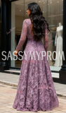 Scoop Long Sleeve Purple Lace Beading Prom Dress