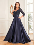 Midnight Navy Satin  Bejeweled Bodice Prom Dress