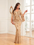Gold Mermaid Long Sleeves Sequin V Neck Prom Dress