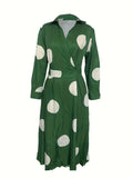 Green Dots Surplice Neck Long Sleeve Dress