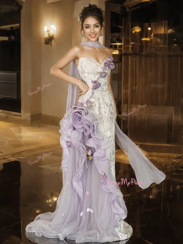prom flowers for purple dress Fairy Flower Pearls Lilac Organza Illusion Sleeve Prom Dress