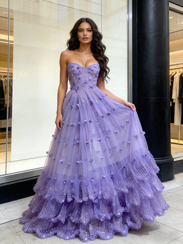 Ruffles A Line Purple Tulle Sweetheart Flower Sparkle Prom Dress