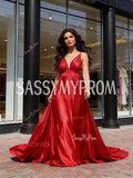 A Line Satin Red Long Train Deep V Neck Prom Dress