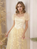 Sweetheart Yellow Sequin Short Sleeve Prom Dress