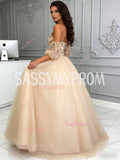 Tulle Ball Gown Puffy Sleeves Lace Floral Champagne Prom Dress