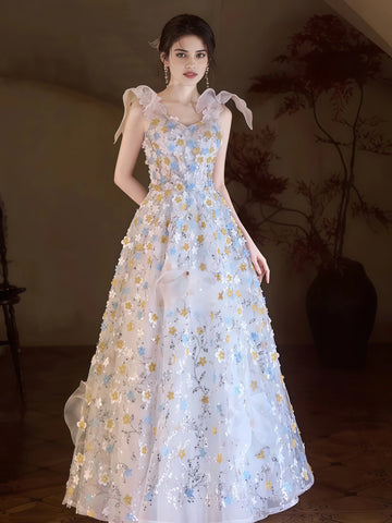 Pink Flower Tie Shoulder Sparkle Tulle Prom Dress