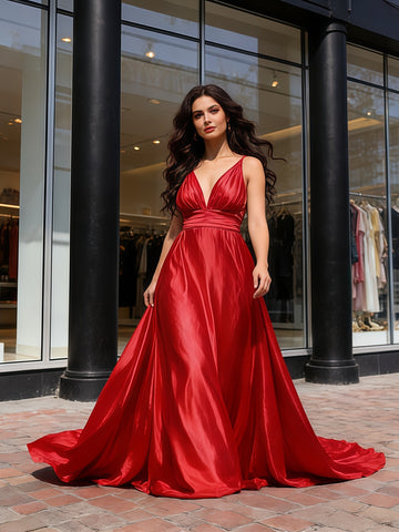 A Line Satin Red Long Train Deep V Neck Prom Dress
