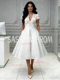 Lace A Line Cap Sleeve Tea Length Wedding Dress With Pockets