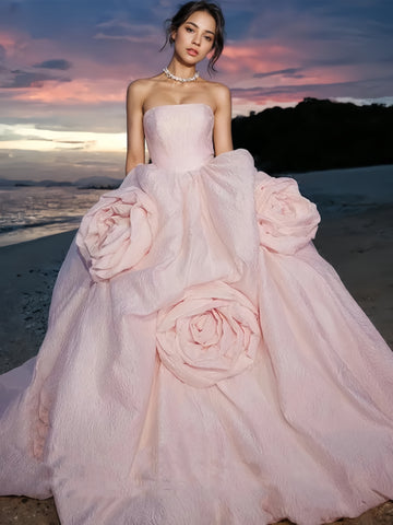 Flower Ball Gown Pink Strapless Prom Dress