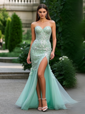 Sweetheart Flowers Mint Tulle Trumpet Mermaid Prom Dress With Slit