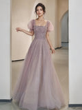 Sequin Tulle Strapless Pink Puffy Sleeve A Line Prom Dress