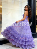 Ruffles A Line Purple Tulle Sweetheart Flower Sparkle Prom Dress