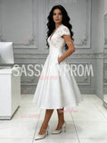Lace A Line Cap Sleeve Tea Length Wedding Dress With Pockets