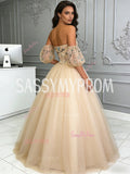 Tulle Ball Gown Puffy Sleeves Lace Floral Champagne Prom Dress