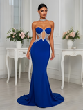 Keyhole Trumpet Mermaid Royal Blue Beading Satin Prom Dress