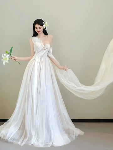 One Shoulder A Line Ruched Tulle Wedding Dress