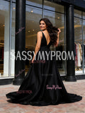 A Line Satin Red Long Train Deep V Neck Prom Dress