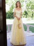 Sweetheart Yellow Sequin Short Sleeve Prom Dress