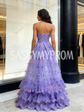 Ruffles A Line Purple Tulle Sweetheart Flower Sparkle Prom Dress
