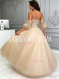 Tulle Ball Gown Puffy Sleeves Lace Floral Champagne Prom Dress