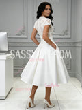 Lace A Line Cap Sleeve Tea Length Wedding Dress With Pockets