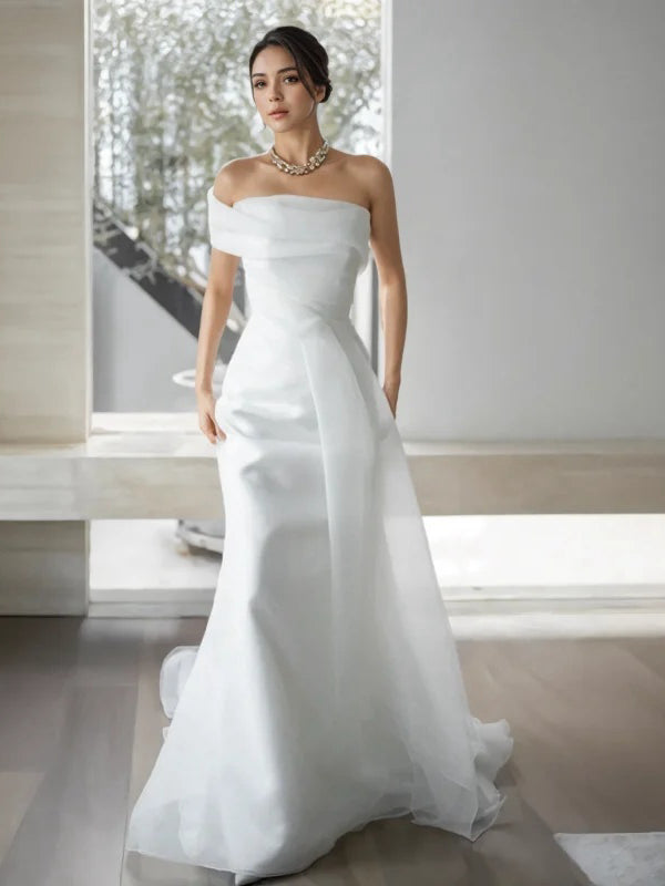 silk column wedding dress Sheath/Column Strapless Ivory Satin Simple Wedding Dress with Slit QW2176 US14 / Ivory
