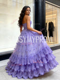 Ruffles A Line Purple Tulle Sweetheart Flower Sparkle Prom Dress