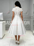 Lace A Line Cap Sleeve Tea Length Wedding Dress With Pockets