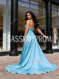 A Line Satin Red Long Train Deep V Neck Prom Dress