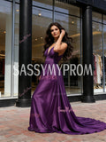 A Line Satin Red Long Train Deep V Neck Prom Dress