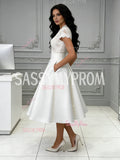 Lace A Line Cap Sleeve Tea Length Wedding Dress With Pockets