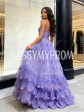 Ruffles A Line Purple Tulle Sweetheart Flower Sparkle Prom Dress