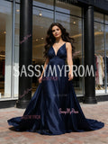 A Line Satin Red Long Train Deep V Neck Prom Dress